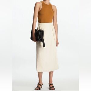 NWOT COS Pleated Linen Blend Midi Skirt 6 Ivory Off White A-line Elastic Waist